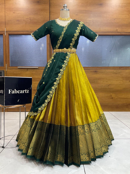 Beautiful South Indian Style Half Saree with (Hand Work) Beads Work Blouse and Dupatta for Women | Jyotiii