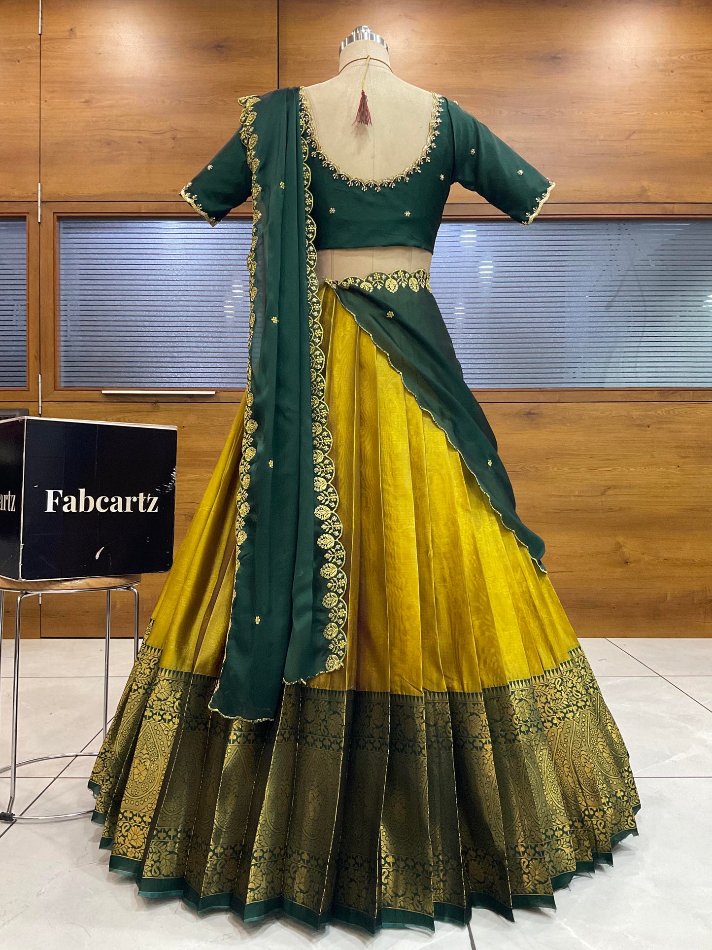 Beautiful South Indian Style Half Saree with (Hand Work) Beads Work Blouse and Dupatta for Women | Jyotiii