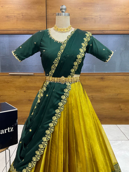 Beautiful South Indian Style Half Saree with (Hand Work) Beads Work Blouse and Dupatta for Women | Jyotiii