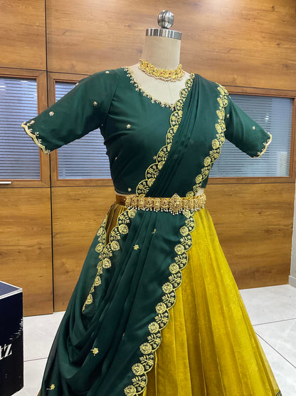 Beautiful South Indian Style Half Saree with (Hand Work) Beads Work Blouse and Dupatta for Women | Jyotiii