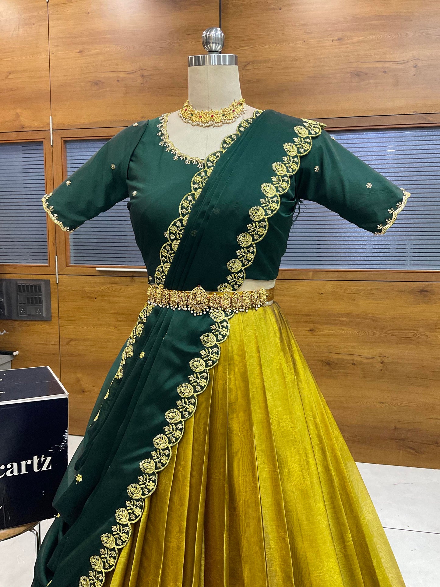 Beautiful South Indian Style Half Saree with (Hand Work) Beads Work Blouse and Dupatta for Women | Jyotiii