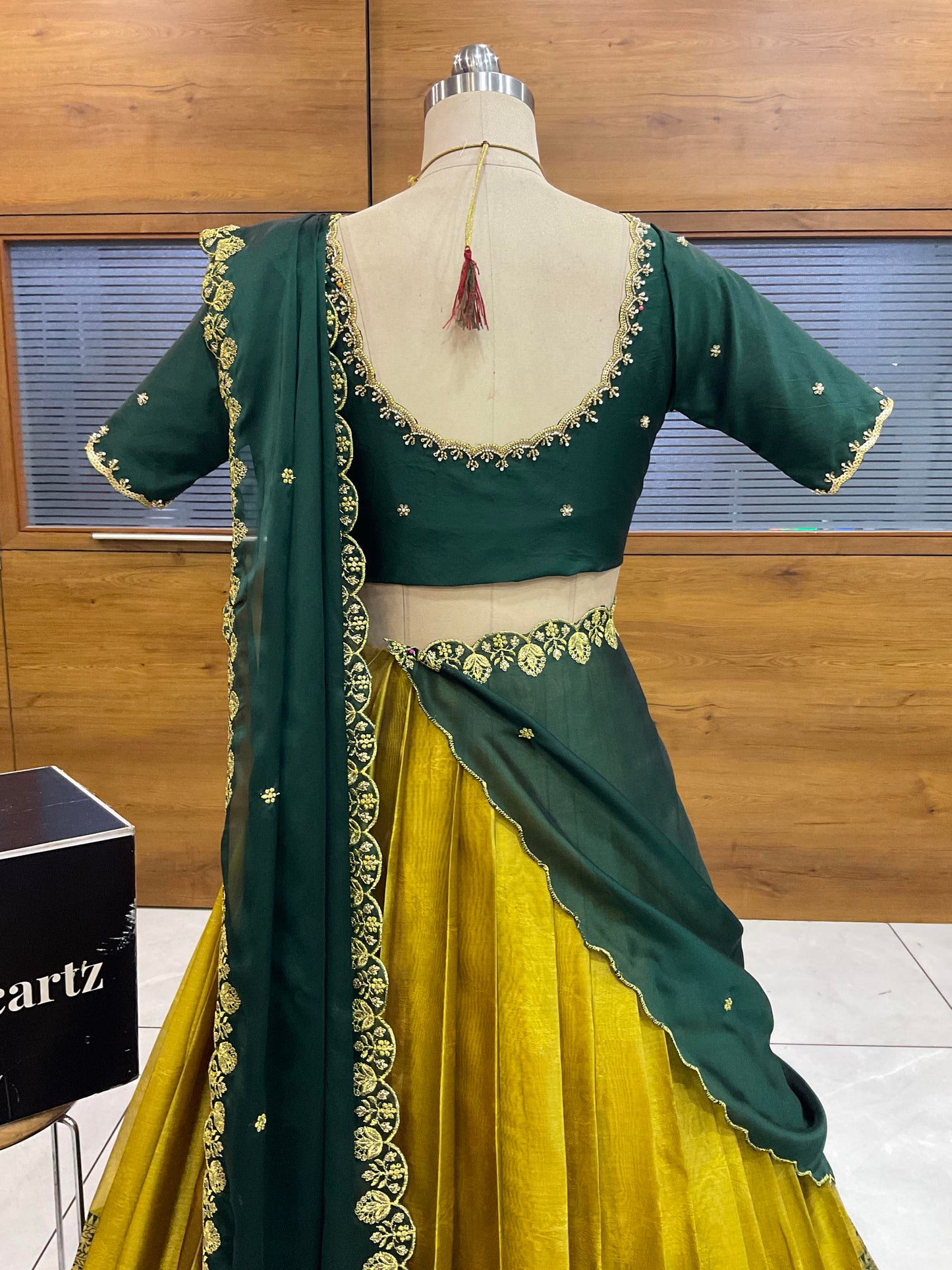 Beautiful South Indian Style Half Saree with (Hand Work) Beads Work Blouse and Dupatta for Women | Jyotiii