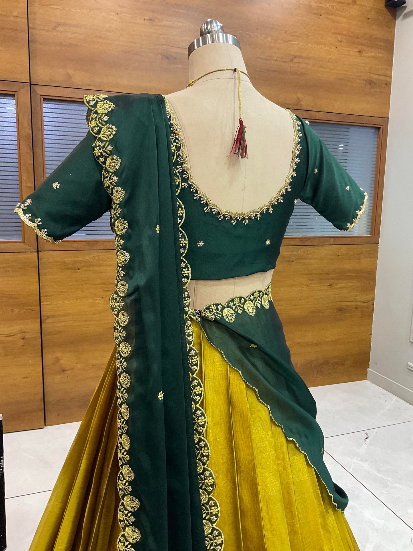 Beautiful South Indian Style Half Saree with (Hand Work) Beads Work Blouse and Dupatta for Women | Jyotiii