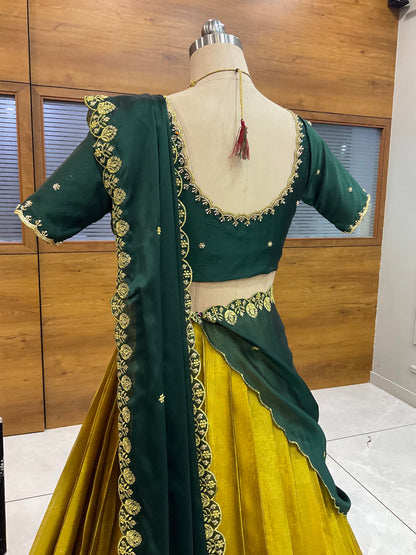 Beautiful South Indian Style Half Saree with (Hand Work) Beads Work Blouse and Dupatta for Women | Jyotiii