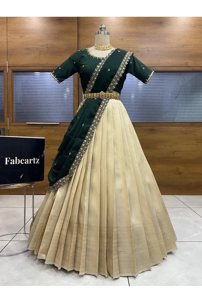Beautiful South Indian Style Half Saree with Beads Work Blouse and Dupatta for Women | Sanskruti