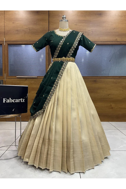 Beautiful South Indian Style Half Saree with Beads Work Blouse and Dupatta for Women | Sanskruti