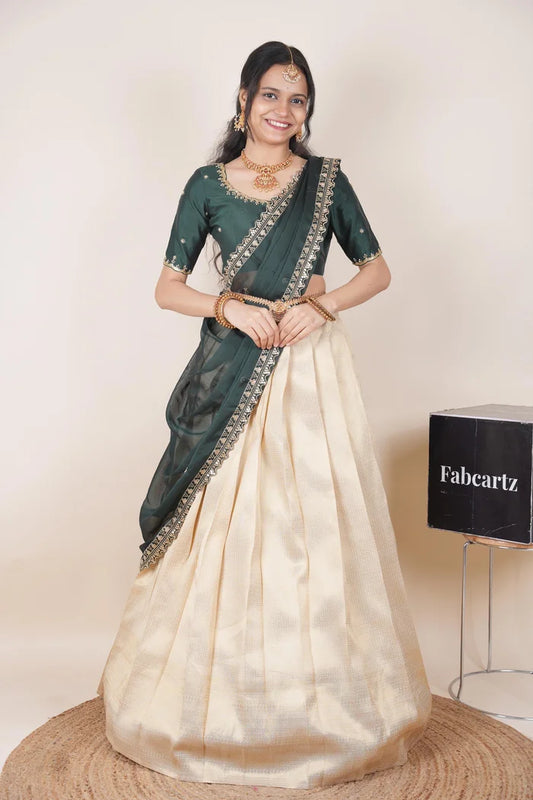 Beautiful South Indian Style Half Saree with Beads Work Blouse and Dupatta for Women | Sanskruti Kv