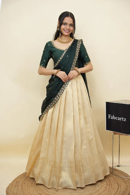 Beautiful South Indian Style Half Saree with Beads Work Blouse and Dupatta for Women | Sanskruti Kv