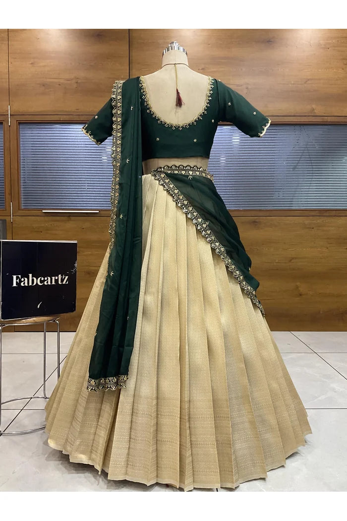 Beautiful South Indian Style Half Saree with Beads Work Blouse and Dupatta for Women | Sanskruti