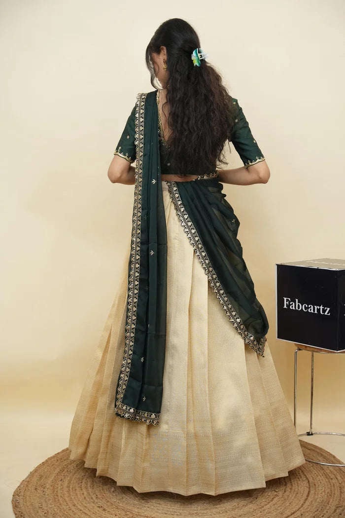 Beautiful South Indian Style Half Saree with Beads Work Blouse and Dupatta for Women | Sanskruti Kv