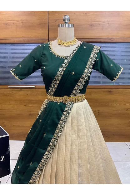 Beautiful South Indian Style Half Saree with Beads Work Blouse and Dupatta for Women | Sanskruti