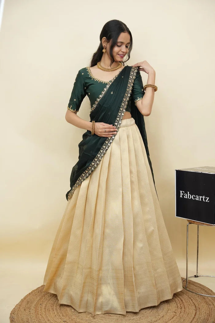 Beautiful South Indian Style Half Saree with Beads Work Blouse and Dupatta for Women | Sanskruti Kv