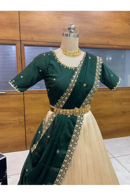 Beautiful South Indian Style Half Saree with Beads Work Blouse and Dupatta for Women | Sanskruti