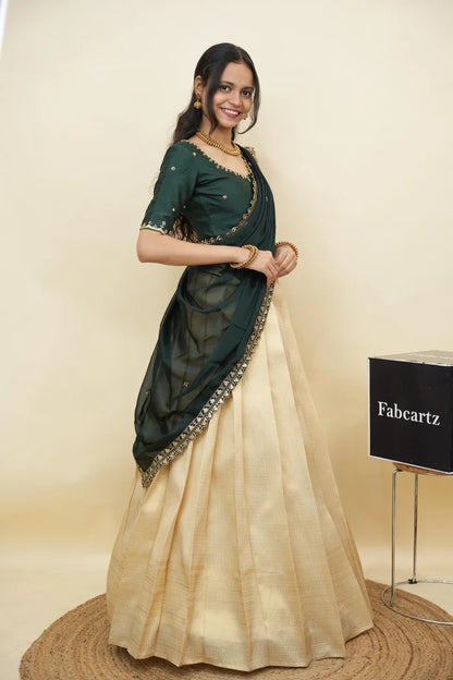 Beautiful South Indian Style Half Saree with Beads Work Blouse and Dupatta for Women | Sanskruti Kv