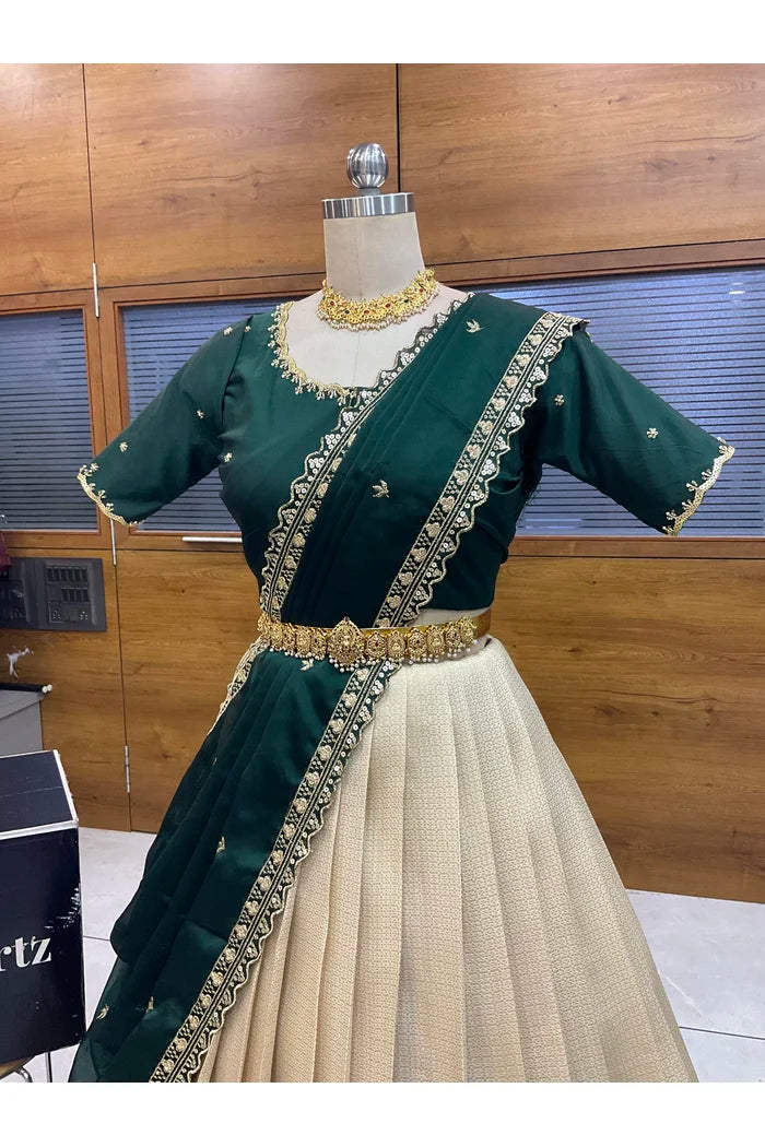 Beautiful South Indian Style Half Saree with Beads Work Blouse and Dupatta for Women | Sanskruti