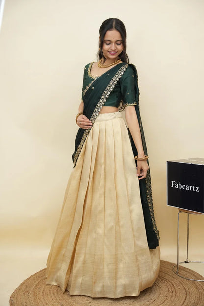 Beautiful South Indian Style Half Saree with Beads Work Blouse and Dupatta for Women | Sanskruti Kv
