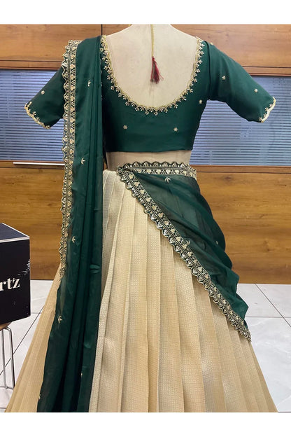 Beautiful South Indian Style Half Saree with Beads Work Blouse and Dupatta for Women | Sanskruti