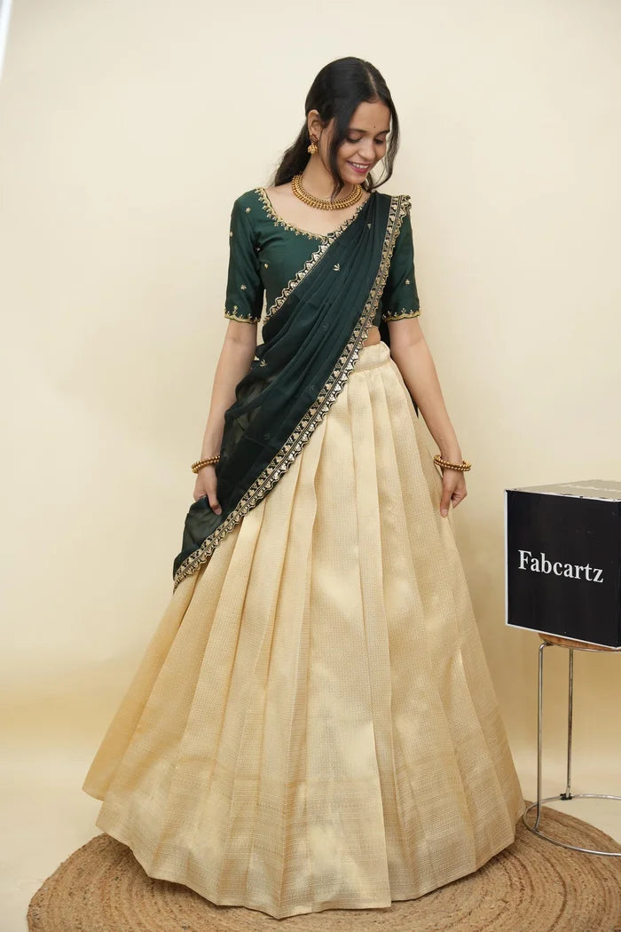 Beautiful South Indian Style Half Saree with Beads Work Blouse and Dupatta for Women | Sanskruti Kv