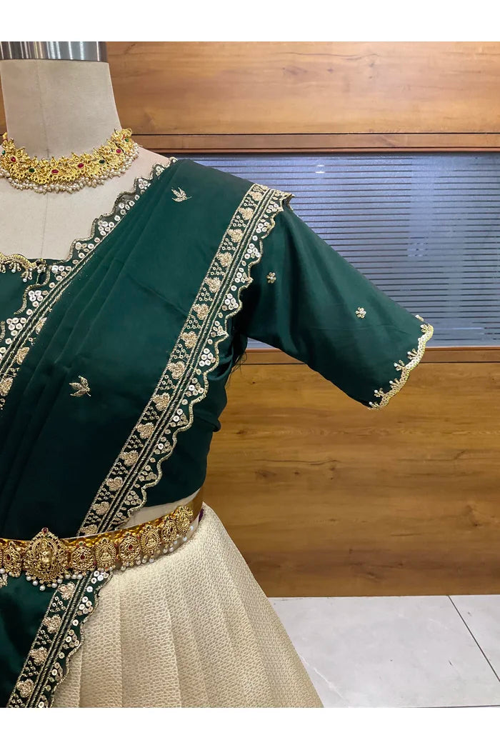 Beautiful South Indian Style Half Saree with Beads Work Blouse and Dupatta for Women | Sanskruti