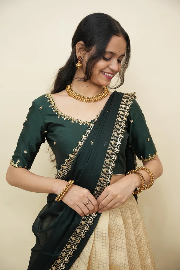 Beautiful South Indian Style Half Saree with Beads Work Blouse and Dupatta for Women | Sanskruti Kv
