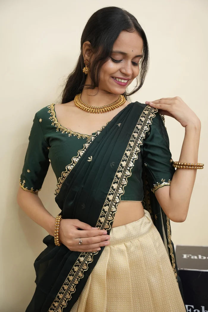 Beautiful South Indian Style Half Saree with Beads Work Blouse and Dupatta for Women | Sanskruti Kv
