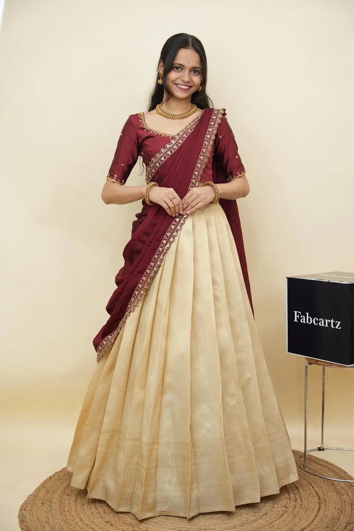 Beautiful South Indian Style Half Saree with Beads Work Blouse and Dupatta for Women | Sanskruti Kv