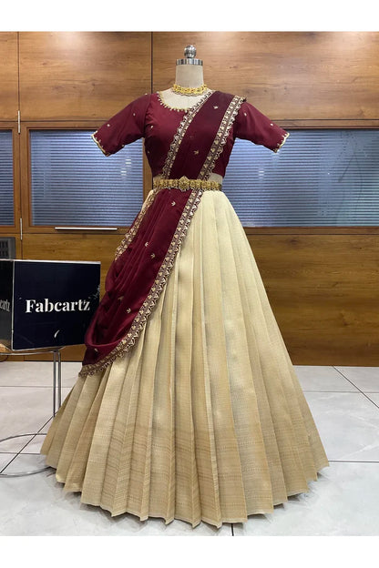 Beautiful South Indian Style Half Saree with Beads Work Blouse and Dupatta for Women | Sanskruti