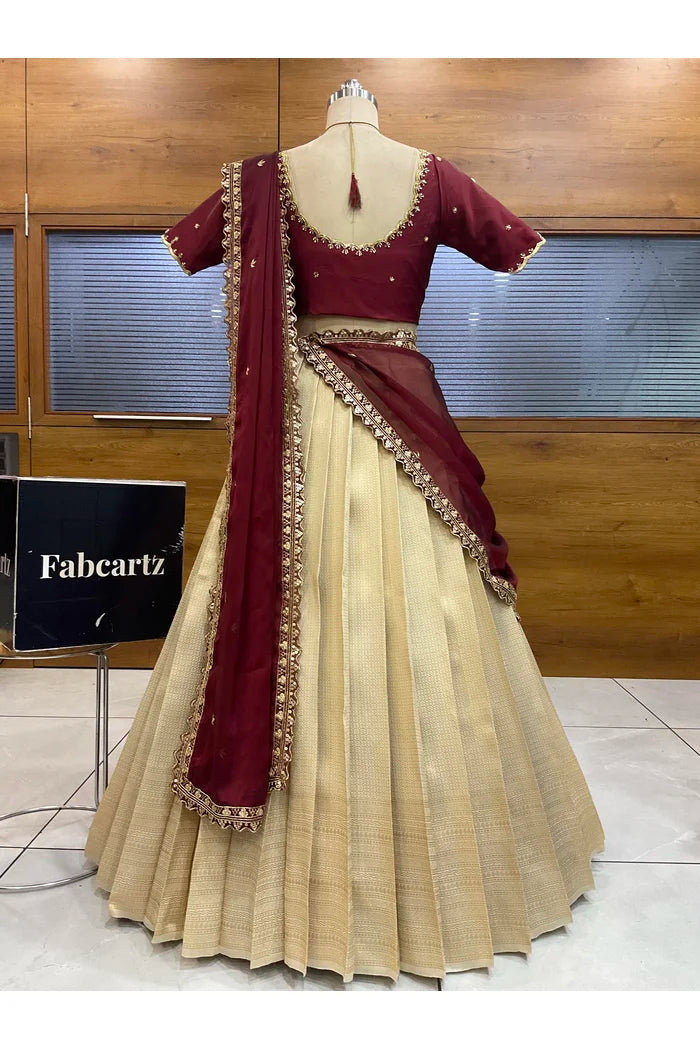 Beautiful South Indian Style Half Saree with Beads Work Blouse and Dupatta for Women | Sanskruti