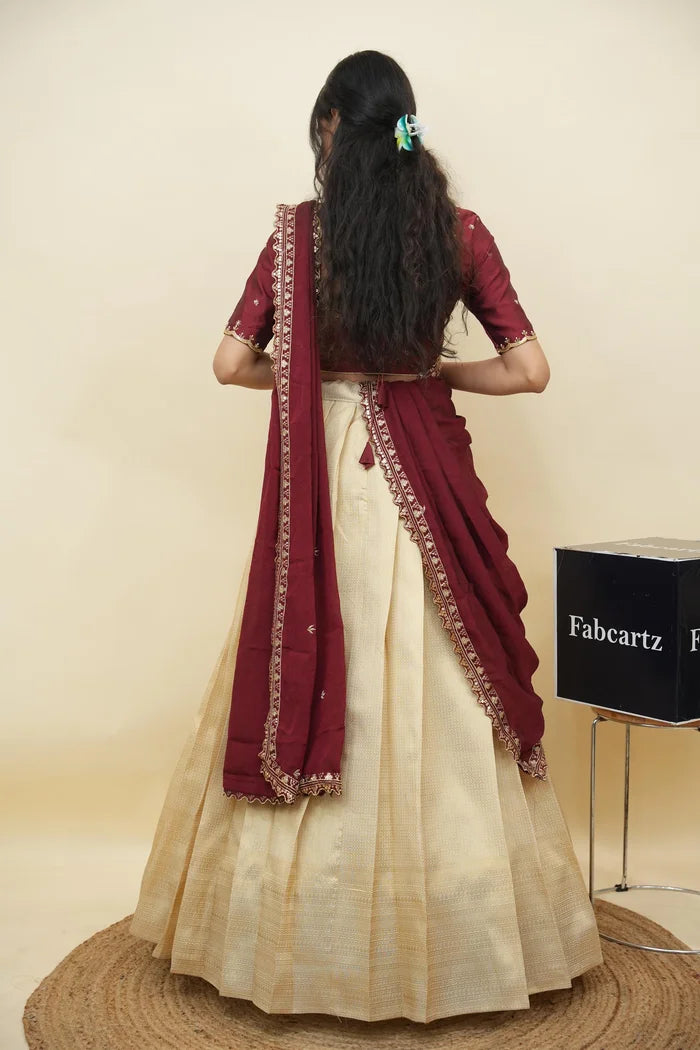 Beautiful South Indian Style Half Saree with Beads Work Blouse and Dupatta for Women | Sanskruti Kv