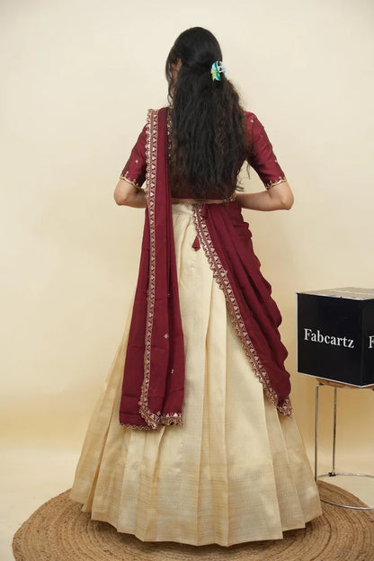 Beautiful South Indian Style Half Saree with Beads Work Blouse and Dupatta for Women | Sanskruti Kv