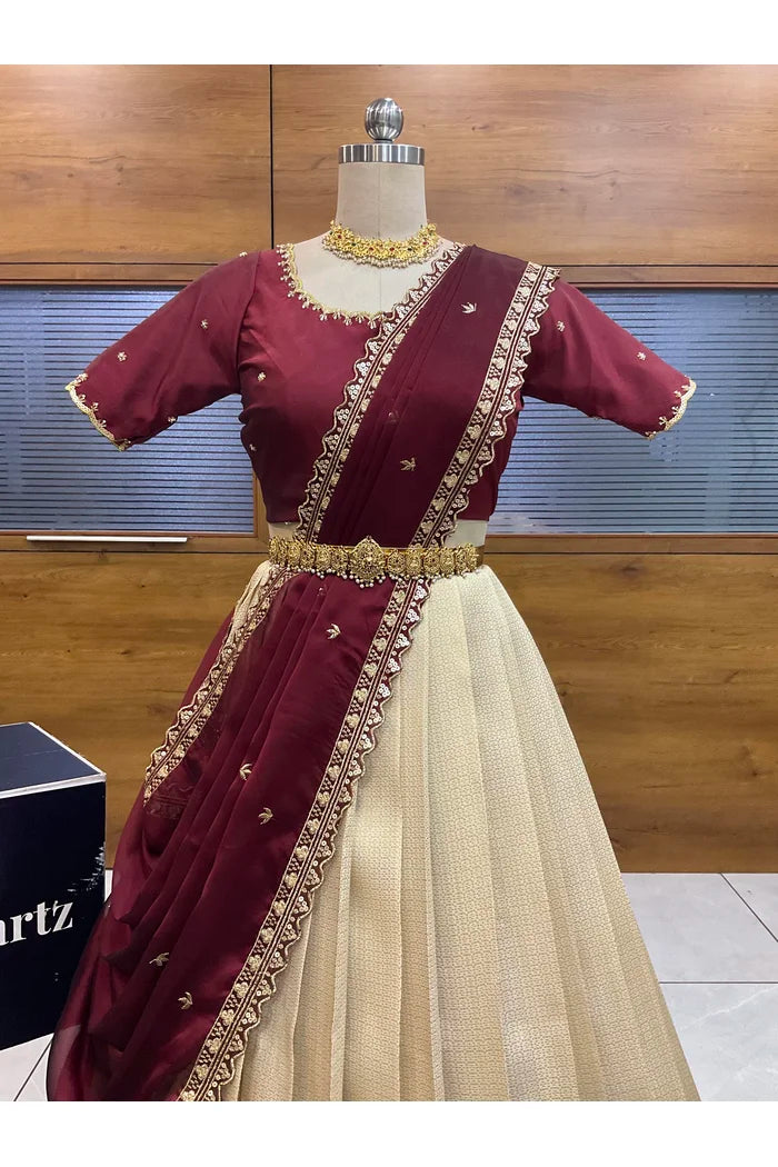 Beautiful South Indian Style Half Saree with Beads Work Blouse and Dupatta for Women | Sanskruti