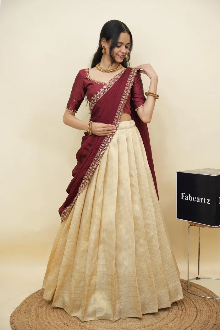 Beautiful South Indian Style Half Saree with Beads Work Blouse and Dupatta for Women | Sanskruti Kv