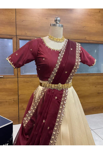 Beautiful South Indian Style Half Saree with Beads Work Blouse and Dupatta for Women | Sanskruti