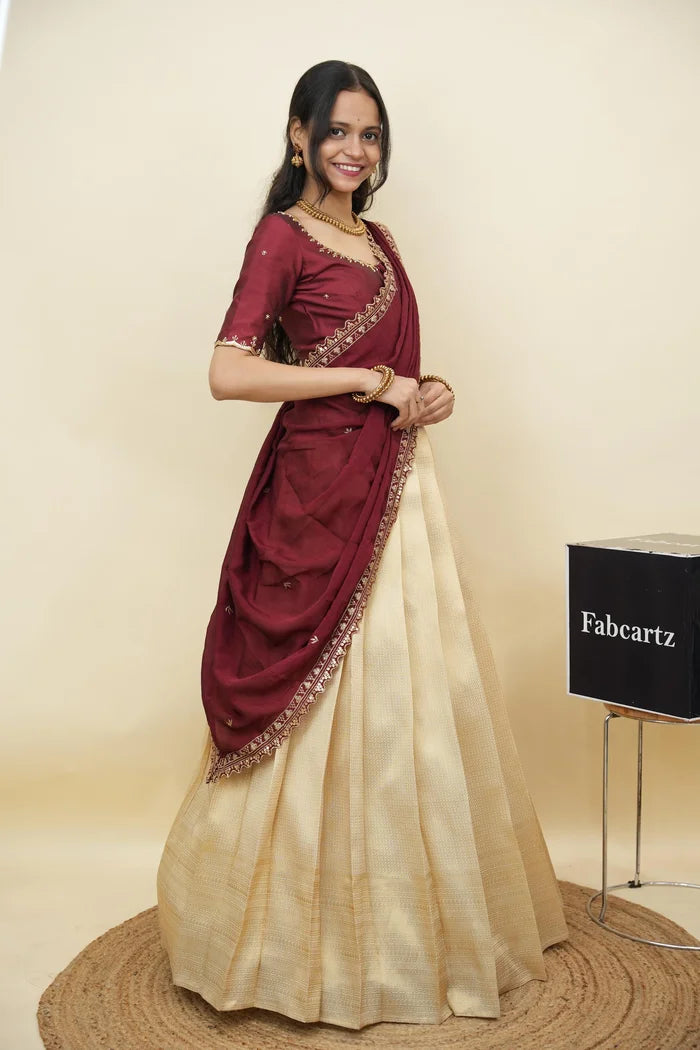 Beautiful South Indian Style Half Saree with Beads Work Blouse and Dupatta for Women | Sanskruti Kv