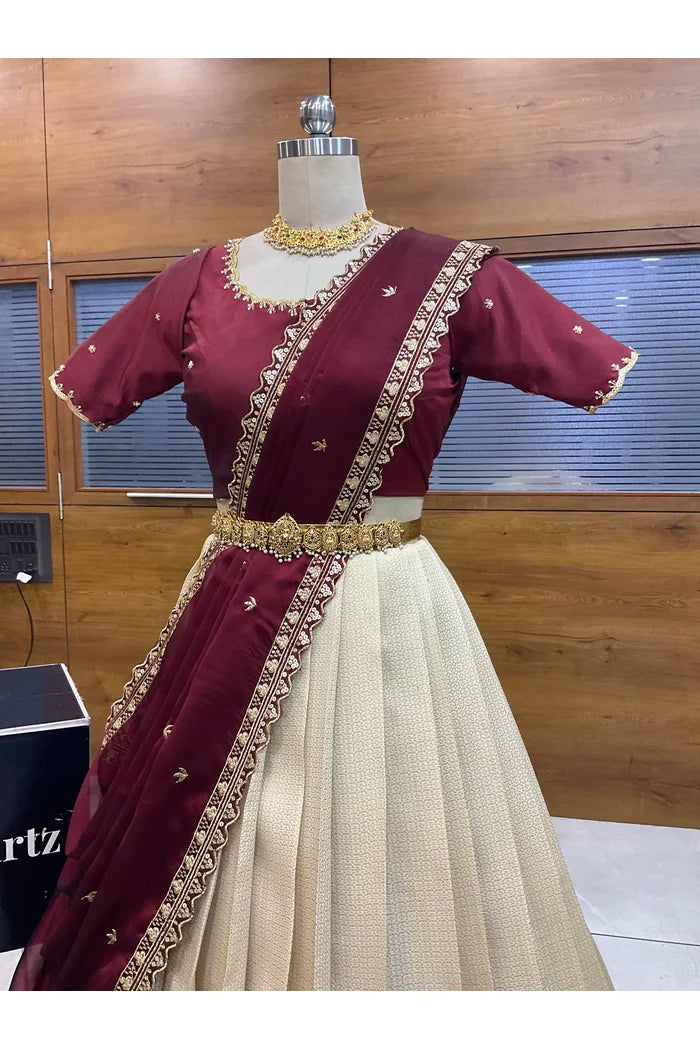Beautiful South Indian Style Half Saree with Beads Work Blouse and Dupatta for Women | Sanskruti