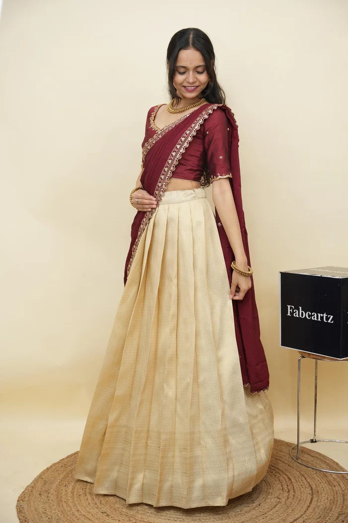 Beautiful South Indian Style Half Saree with Beads Work Blouse and Dupatta for Women | Sanskruti Kv