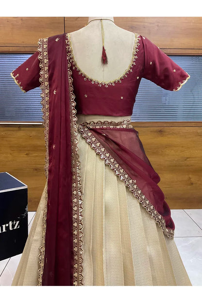 Beautiful South Indian Style Half Saree with Beads Work Blouse and Dupatta for Women | Sanskruti