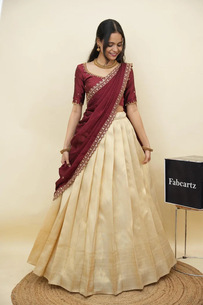 Beautiful South Indian Style Half Saree with Beads Work Blouse and Dupatta for Women | Sanskruti Kv