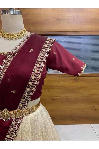 Beautiful South Indian Style Half Saree with Beads Work Blouse and Dupatta for Women | Sanskruti