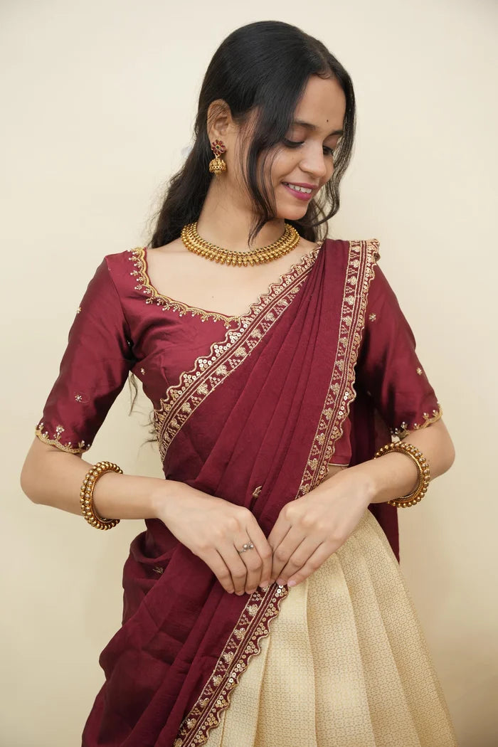 Beautiful South Indian Style Half Saree with Beads Work Blouse and Dupatta for Women | Sanskruti Kv