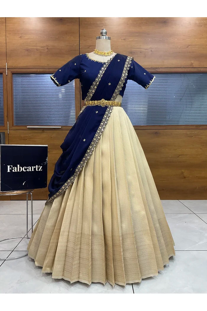 Beautiful South Indian Style Half Saree with Beads Work Blouse and Dupatta for Women | Sanskruti