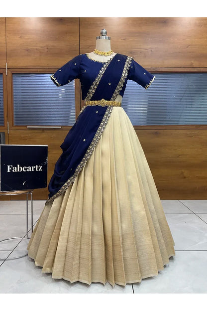 Beautiful South Indian Style Half Saree with Beads Work Blouse and Dupatta for Women | Sanskruti