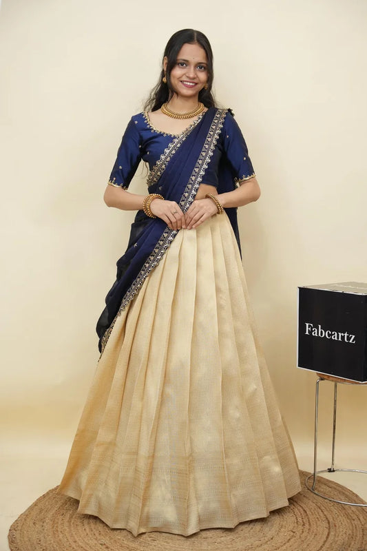 Beautiful South Indian Style Half Saree with Beads Work Blouse and Dupatta for Women | Sanskruti Kv