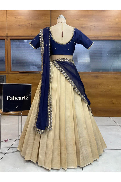 Beautiful South Indian Style Half Saree with Beads Work Blouse and Dupatta for Women | Sanskruti