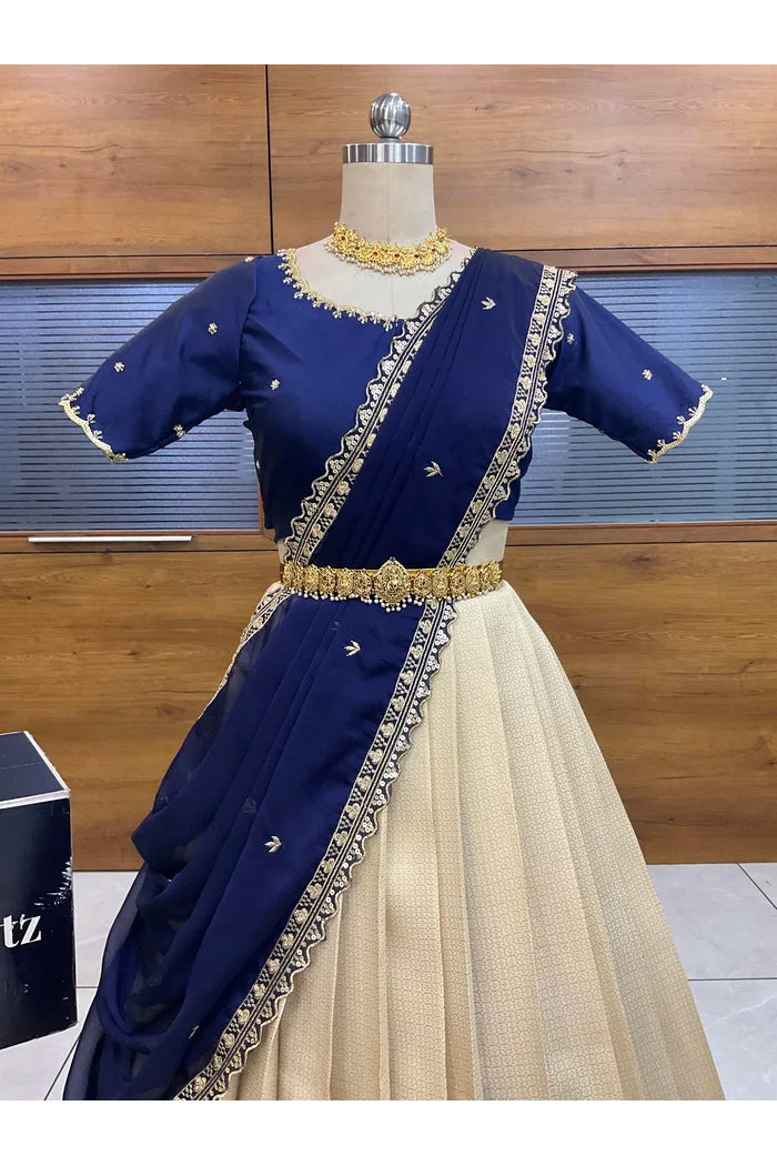 Beautiful South Indian Style Half Saree with Beads Work Blouse and Dupatta for Women | Sanskruti