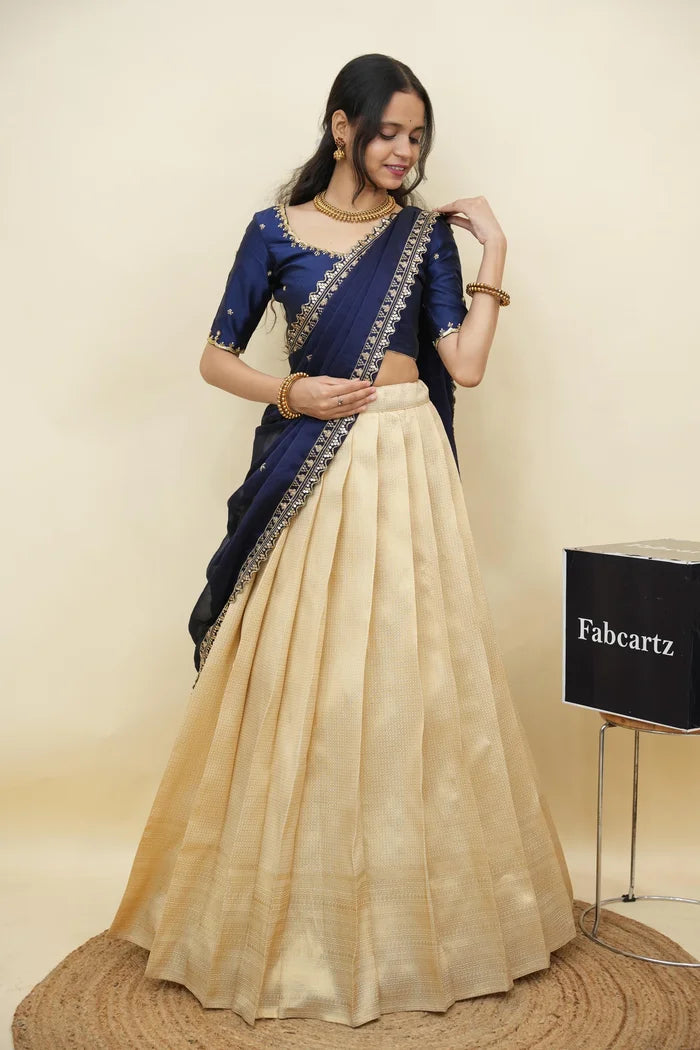 Beautiful South Indian Style Half Saree with Beads Work Blouse and Dupatta for Women | Sanskruti Kv