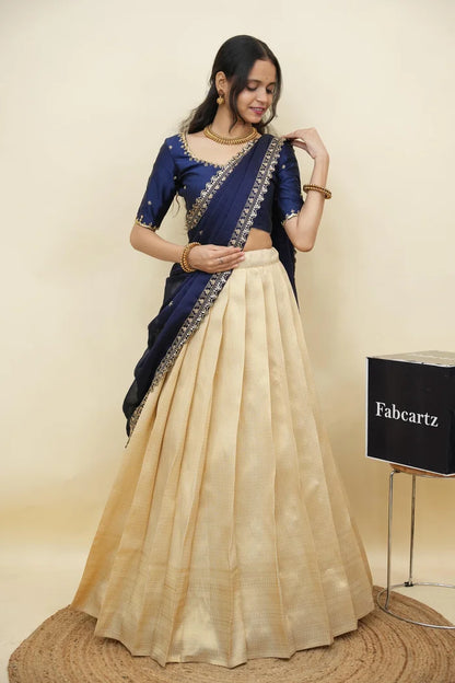 Beautiful South Indian Style Half Saree with Beads Work Blouse and Dupatta for Women | Sanskruti Kv
