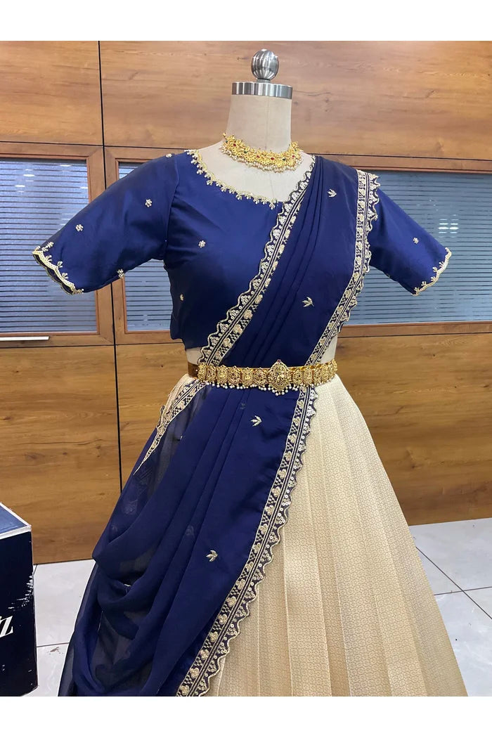 Beautiful South Indian Style Half Saree with Beads Work Blouse and Dupatta for Women | Sanskruti