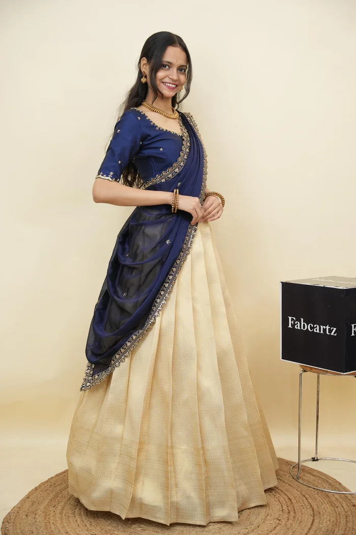 Beautiful South Indian Style Half Saree with Beads Work Blouse and Dupatta for Women | Sanskruti Kv