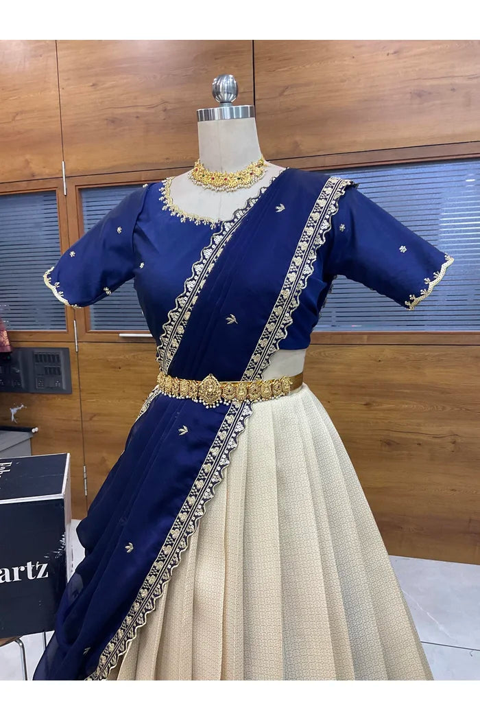 Beautiful South Indian Style Half Saree with Beads Work Blouse and Dupatta for Women | Sanskruti